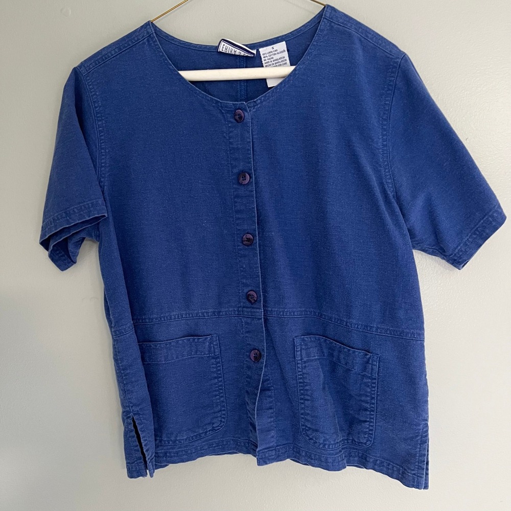 Erika & Co Blue Linen Cotton Button Front Short Sleeve Pocket Top Small